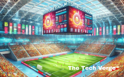 An indoor sports stadium with LED lights, retractable roofs, and a large digital video board showcasing advanced smart technology.