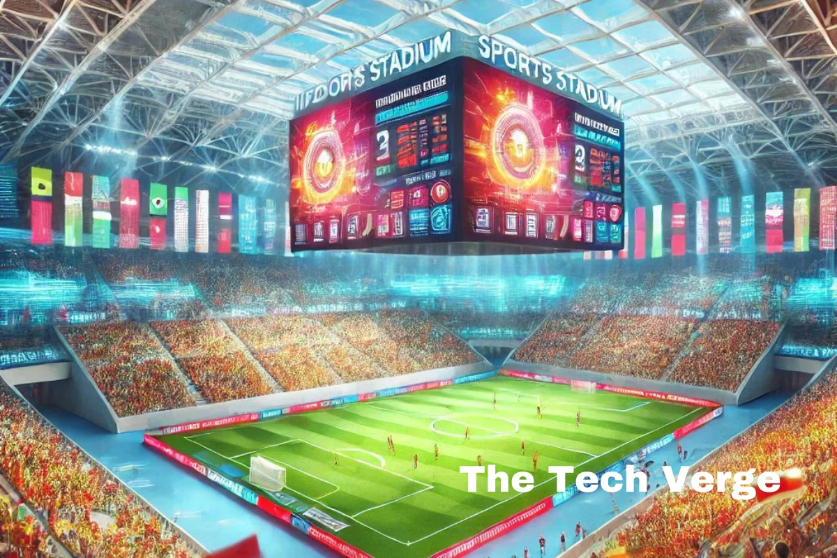 An indoor sports stadium with LED lights, retractable roofs, and a large digital video board showcasing advanced smart technology.